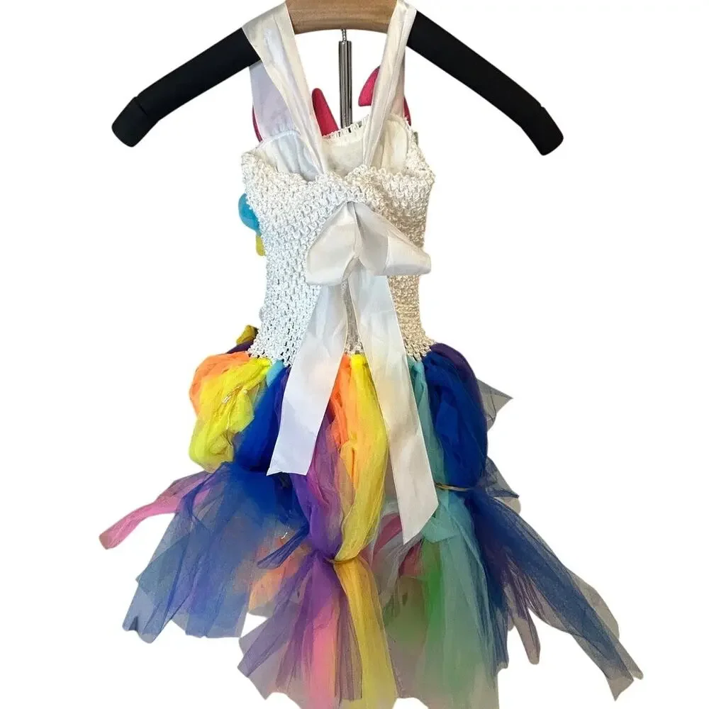 LED Tutu Dreams Unicorn dress Crochet bodice colorful flowers and rainbow tulle